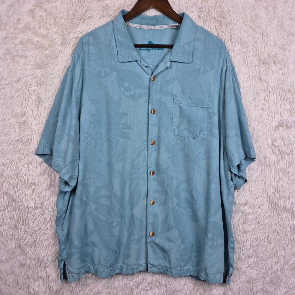 Tommy Bahama Mens 2XLB Blue 100% Silk Tropical Jacquard Short Sleeve Camp Shirt